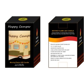 Happy Camper" (Olive Green Moving Flame LED Candle - White Wax - Indoor - 3.5" x 5" - Blow Off/Blow ON - Remote Enabled