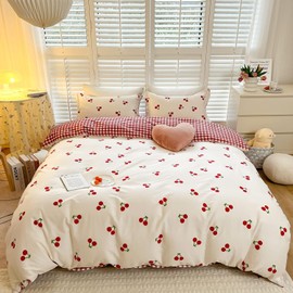 Lanqinglv Bed Linen Set, Girls’, Children’s, White, Red, Cherry Pattern, Reversible Design, Checked, Oeko-Tex Seal, 135 x 200 cm Duvet Cover with Zip and 80 x 80 cm Pillowcase