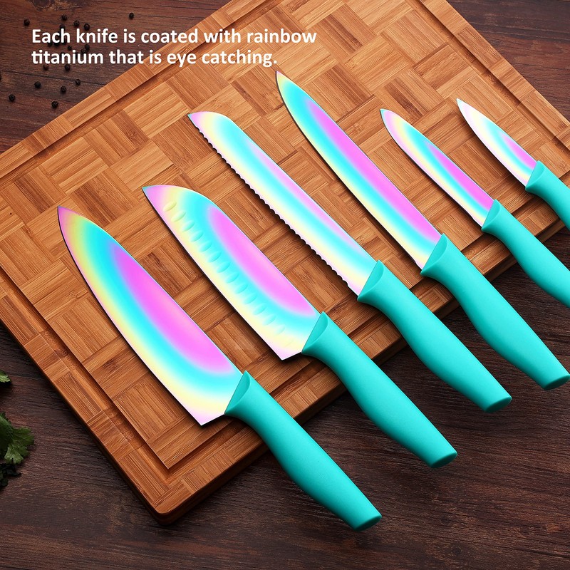 Marco Almond Kitchen Knife Set, KYA37 12-Piece Rainbow Titanium Stainless