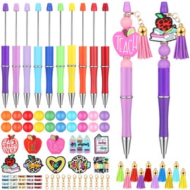 Jetec 10 Pcs Teacher Appreciation Beadable Pens with 90 Pcs Assorted Colors Wood Beads Crystal Spacer Accessories DIY Pen Making Kit Plastic Ballpoint Pen Bulk for Teacher Appreciation Gift