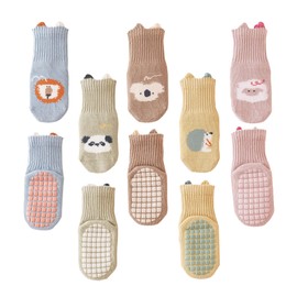 Techson 5 Pairs Baby Non-Slip Socks with Grips – Soft Cotton Toddler Sock for Boys & Girls, Anti-Skid Ankle Sock with Cute Animal Patterns