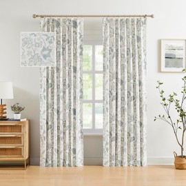 Kayne Studio Blue Grey Blackout Curtain Panels Linen Botanical Leaf Print Floral Farmhouse Drapes Soundproof Light Blocking Window Treatment Living Room Bedroom Pinch Pleated BackTab,40"x84",2 Panels