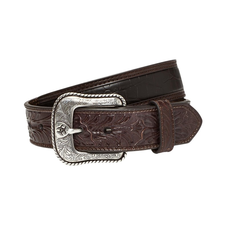 ARIAT Men's Floral Tab Faux Crocodile Leather Belt, Brown, 36