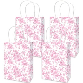 JarThenaAMCS 24Pcs Pink Floral Paper Bags Vintage Flower Treat Bags with Handles Chinoiserie Candy Goodie Bags Grocery Shopping Bags for Birthday Wedding Party Favors Supplies