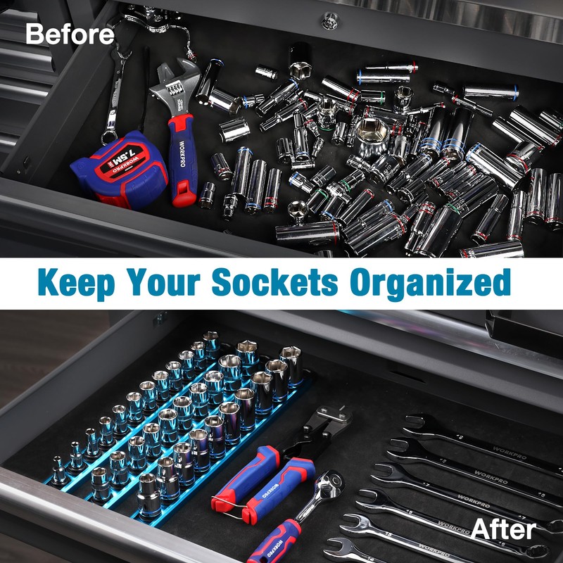 WORKPRO Magnetic Socket Organizer, Heavy Duty 1/2-Inch Drive Socket Rail