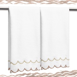 Hahafelt 2 Pcs Scalloped Hand Towels 100% Cotton Hand Towels for Bathroom 15.75 x 27.56 Inch 600 GSM Cute Soft Absorbent Embroidered for Hotel Spa Sport Yoga(Brown,Classic)