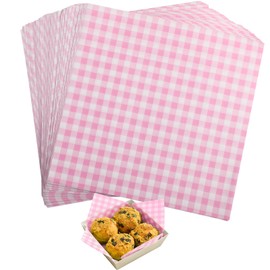 GeeRic Valentine's Day Waxed Deli Paper Sheets 7 * 7 Inch for Food Wrapping, 100 Pcs Food Basket Liners for Sandwiches Burgers 2026 Treats Wrap Wax Papers Gingham Pink