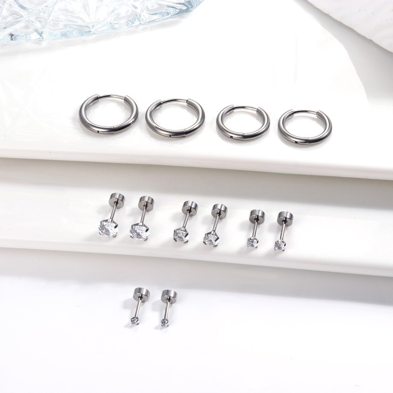 Dochais 6pcs Stud Earrings, G23 Titanium Hoop Earrings, Cubic Zirconia
