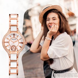 JewelryWe Women Elegant Ceramic Watch: Ladies Dress 3 ATM Waterproof Luxury Bracelet Watches Femals Simulated Diamonds Rhinestone Analog Quartz Wristwatch