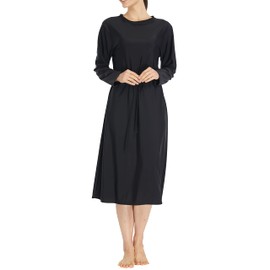 alvon Women Modest Swim Dress Knee Length Swimsuits Cover Ups UPF 50+ Sun Protection Long Sleeve Drawstring Black S