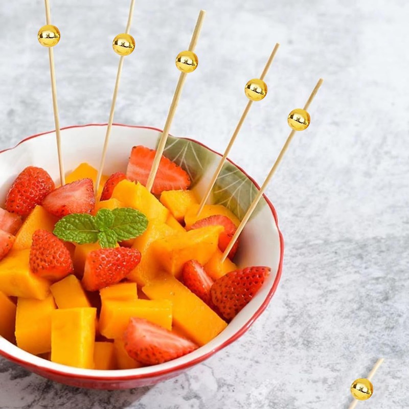 120 pcs 5.9 inch long Pearl Cocktail Picks,Gold Ball Food