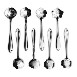 ERCENTURY Stainless Steel Tableware Flower Coffee Spoon, Tea Spoon, 8 Patterns (Silvery)