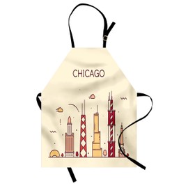 Ambesonne Chicago Skyline Apron, Hand Drawn Style American Town with Historical and Famous Buildings Print, Unisex Kitchen Bib with Adjustable Neck for Cooking Gardening, Adult Size, Champagne Red