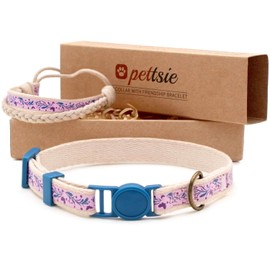 Pettsie Cat Collar and Friendship Bracelet Set, Safe Design with Soft Cotton, D-Ring for Accessories, Easy Adjustable Size 19-29 cm, Purple