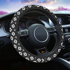 Swono Aztec Boho Car Steering Wheel Covers Ethnic with American Motifs in Black White Boho Women Men Interior Accessories Universal 15 Inch Steering Steering Wheel Protector Anti-Skid Grips