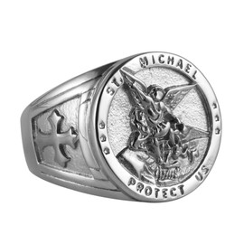 HZMAN St. Michael Ring for Men Women Stainless Steel San Miguel The Great Protector Archangel Figurine Amulet Ring (Silver,13)