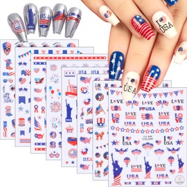 8 Sheets 4th of July Nail Art Stickers Decals Red White Blue Designs American Independence Day Patriotic Nail Stickers 3D Self-Adhesive USA Flag Map Eagle Statue of Liberty Nail Decals for Women