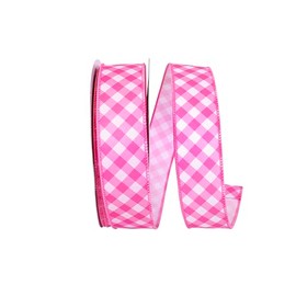 Reliant Ribbon 94092W-515-09H Gingham Diagonal Twill Wired Edge Ribbon, 1-1/2 Inch X 20 Yards, Pink/White