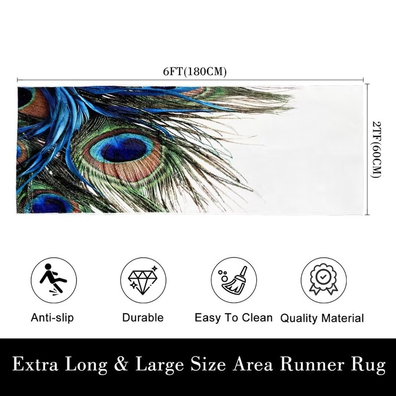Peacock Feather Hallway Runner Rug 2x6,Peacock Feathers Eyes Oriental,Non Slip