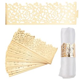 URROMA Reflective Gold Hollowed Rose Paper Napkin Ring, 50Pcs Laser Cut Foil Paper Napkin Holder Decorative Towel Buckle for Wedding Party Special Events