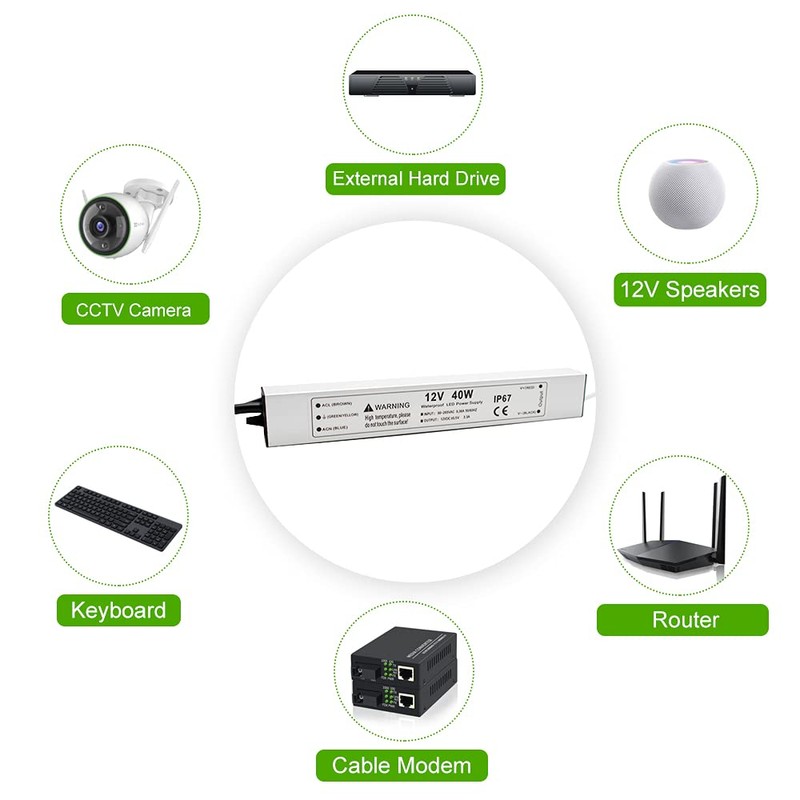 40W 12 Volt LED Power Supply, Waterproof IP67 LED Driver,