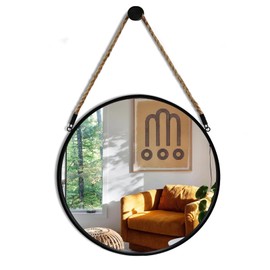 POZINO Round Mirror - Wall Mirrors Decorative 15" Rope Hanging Mirror Farmhouse Circle Mirror Black Metal Frame Mirror for Bathroom, Bedroom, Living Room, Entryway, Home Decor