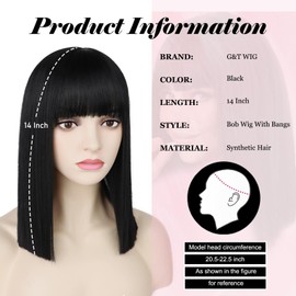 G&T Wig Black Bob Wig with Bangs 14inch Straight Bob Bangs Wig for Women Daily Cosplay Costume Halloween Party Wigs