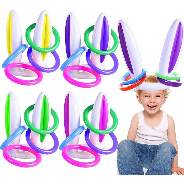 [ 16 Score Rings ] 4 Pack Inflatable Bunny Rabbit Ears Ring Toss Game for Kids Toy Gifts for Carnival Outdoor Game Easter Party Supplies 4 Color Girl Boy Easter Basket Stuffers Hat