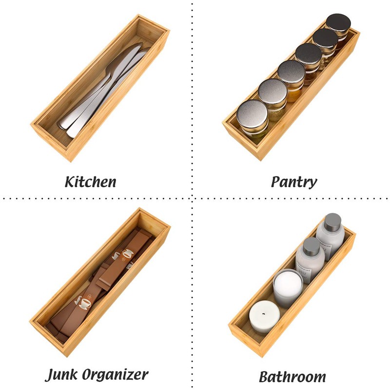 Drawer Organizer Bamboo Storage Box - Kitchen Bathroom Desk Wood