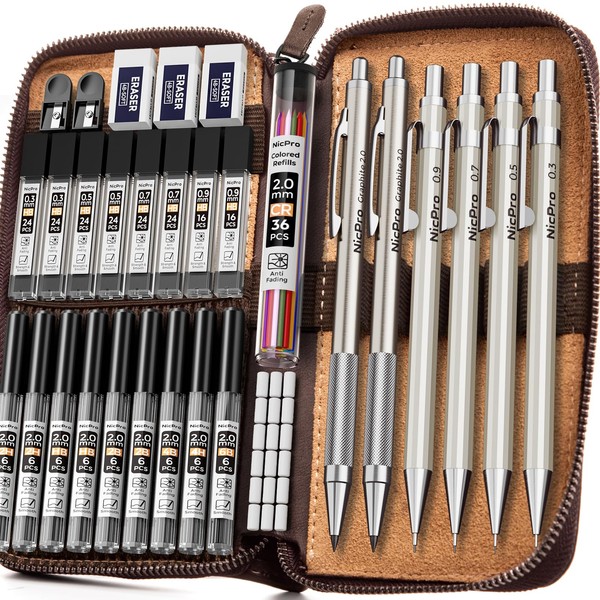 Nicpro 33PCS Metal Mechanical Pencil Set in Leather Case, Art