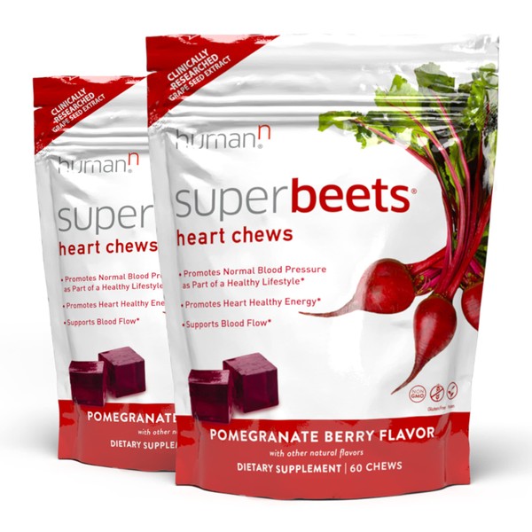 humanN SuperBeets Heart Chews - Nitric Oxide Production Support - Grape Seed Extract & Non-GMO Beet Energy Chews - Pomegranate Berry Flavor - 120 Count (Total)