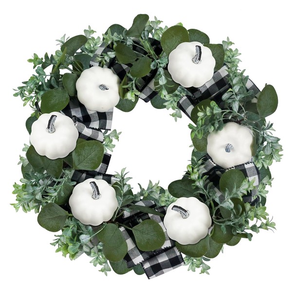 Fall Wreaths for Front Door, hogardeck 18" Fall Wreath with Pumpkin, Artificial Eucalyptus, Black & White Buffalo Plaid Autumn Decoration, Fall Decorations for Home, Window, Wall, Thanksgiving Decor