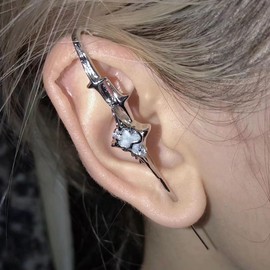 2Pcs Myth of the Moon Ear Hook Needle Piercing Earring Goth Climber Crawler Earrings Vintage Punk Moon Wrap Earrings Jewelry Accessory Present for Women Wife (Silver Star)