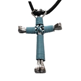 Show Me Country Sky Blue Hand Made Horseshoe Nail Cross Necklace Made in The USA