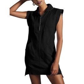 Qiaomai Womens Half Zip Sweatshirt Dresses Summer V Neck Sleeveless Pullover Tunic Tops Mini Dress (Black-M)
