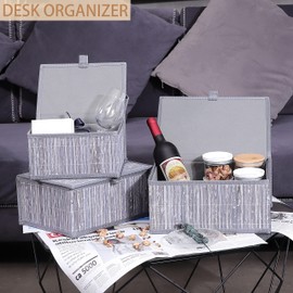 Honygebia Bamboo Decorative Storage Boxes - Set of 3 Woven Lined Storage Basket with Lids, Grey Marble Wicker Lidded Baskets for Home Kitchen Shelf Organizer Decor