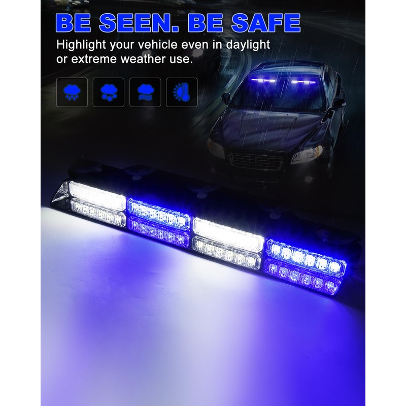 HLAUTO 6Z4J Emergency Dash Strobe Lights: 2x16.8 inch Blue White