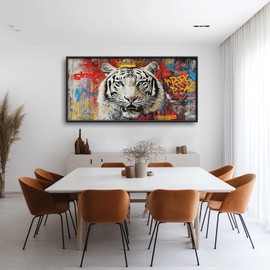 Olivine Banksy Large Wall Art, Graffiti Tiger Pictures Wall Decor, Tiger Painting, Street Pop Animal Canvas Prints, Framed Artwork for Dining Room Living Room Bedroom Bathroom Office Home 60"x30"