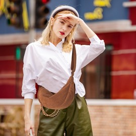 Crescent Bag for Women, Corduroy Half Moon Bag Crescent Crossbody Bag Dumpling Bag Solid Color Hobos Crossbody Bags with Adjustable Strap for Travel Work School Daily Use (Brown)