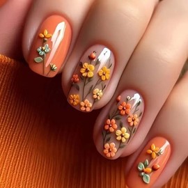 Short Press on Nails Flower Square Fake Nails Spring Summer Orange Fresh Small Flower Acrylic Nails, Artificial Short Glue on Nails, Colored Flower Designs False Nails, Fashion Glossy Stick on Nails