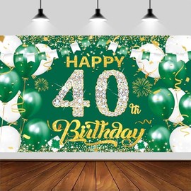 6x3.6ft Happy 40th Birthday Backdrop Banner,Green Gold Birthday Backdrop Sign, Happy Birthday Party Supplies Photo Background for Children Men Women.
