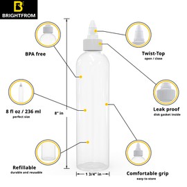 BRIGHTFROM Twist Top Applicator Bottles, 8 OZ Crystal Clear, Squeeze Empty Plastic Bottles, BPA-Free, PET, Refillable, Open/Close Nozzle - Multi Purpose (Pack of 2)
