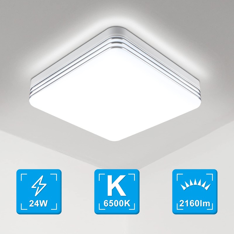 Taoellen 24W Square Bathroom Lights Ceiling, 2160lm Square Silver Edge