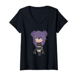 Womens Cute Chibi style Kawaii Anime Punk Emo Girl in skirt V-Neck T-Shirt