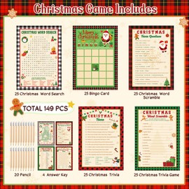 Pasimy 149 Pcs Christmas Trivia Games 25 Players Christmas Party Games Word Search Scramble Trivia Bingo Game Paper Cards for Xmas Winter Holiday Family Large Group Activities Party Supplies(Santa)