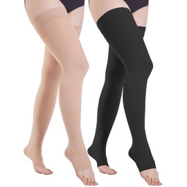 2 Pairs of Medical Compression Stockings for Men and Women, 20-30 mmHg, Class 2, Graduated Support, Long Support Stockings, Compression Socks for Varicose Veins, Edema, Flight, Black and beige