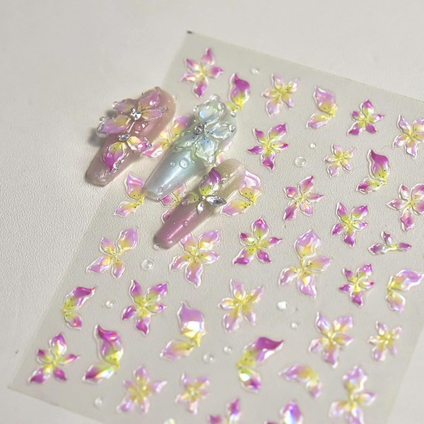1 Sheet Aurora Flower Nail Stickers Yellow Purple Gradient Floral