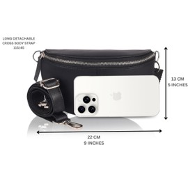 Hudson & James Designer London Real Leather Shoulder Bag & Crossbody Bags For Women Adjustable Straps Chest Shoulder Bag Bumbags Waist Sling Bag Cell Phone Purse Wallet (Black)