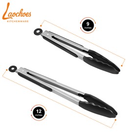 LAOCHOES Kitchen Cooking Tongs - Silicone Cooking Tongs, Great for Grilling, Salads and Serving, Grilling Tongs Set (9" and 12") (Black)
