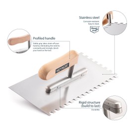 NEYNOR® Plastering Notched Trowel - Stainless Steel Plaster Trowel - Plasterers Trowel for Skimming with Ergonomic Handle - Made in EU - 0.3 Inch (8x8 mm)
